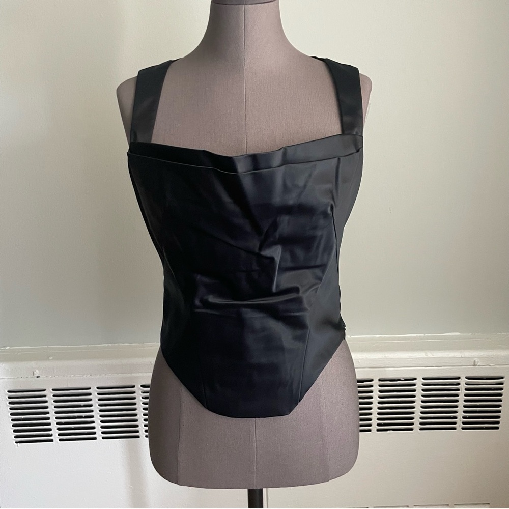 Parallel 90s/Y2k black corseted tank top with asymmetrical hem & square neckline